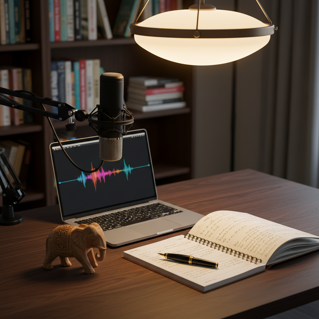 A modern yet cozy home desk set up for recording audio stories: a sleek black condenser microphone on a shock mount, positioned beside a laptop displaying a waveform, with an open notebook filled with handwritten story notes, a fountain pen, and a small carved wooden elephant as decor. The desk is dark walnut wood, against a softly blurred background of a bookshelf filled with children’s literature and Indian mythology titles. Soft, warm pendant lighting from above casts gentle highlights on the metal microphone grille and subtle shadows across the desk. Photographic realism, slightly elevated angle, balanced composition, mood of focused creativity and sophistication.
