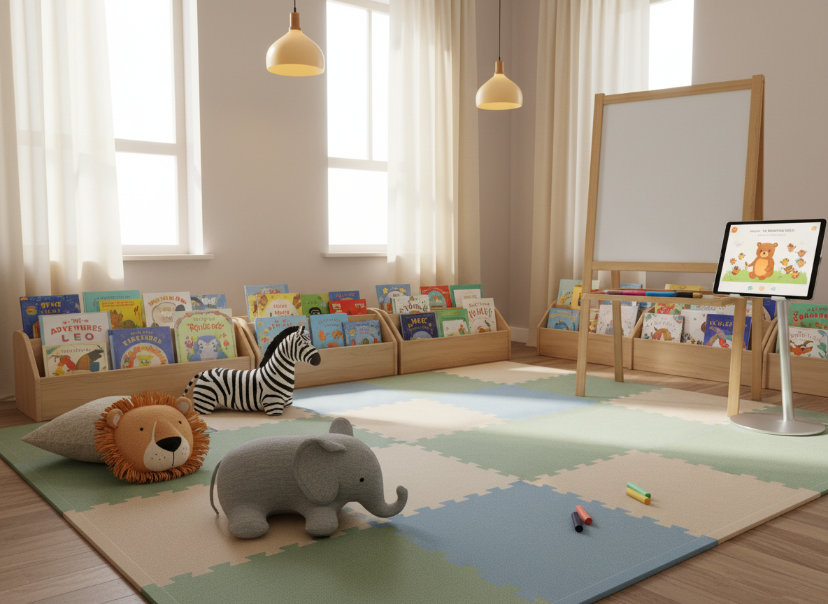 A classroom-style reading and storytelling corner designed for educational programs: low open book bins filled with brightly colored children's books, a standing wooden easel with a blank paper pad ready for story prompts, and a tablet on a stand displaying a paused audio story interface. The floor is covered with interlocking foam mats in muted earth tones, with fabric animal cushions placed neatly around. Soft overhead lighting combined with diffused daylight from large windows keeps the space bright but gentle. Photographic realism, wide-angle eye-level shot, sharp focus throughout, composition emphasizing accessibility, inclusivity, and an inviting atmosphere for young minds to gather and listen.