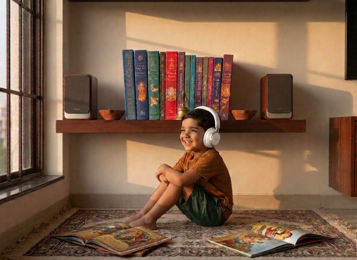 An inviting bookshelf scene featuring a curated row of hardbound books on Indian mythology and children's literature, their spines in rich jewel tones with intricate patterns, framed by simple clay diyas and a small brass bell. A pair of high-quality speakers sit discreetly at each end of the shelf, hinting at audio storytelling. The shelf is made of dark polished wood against an off-white wall, lit by soft, diffused golden hour light from a side window, creating warm highlights and gentle shadow gradients. Photographic realism, eye-level composition with a slight perspective angle, sharp focus on the central books, background subtly blurred, atmosphere warm, intellectual, and culturally rich.