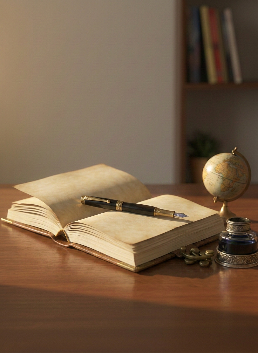 An artistic tabletop arrangement symbolizing the world of SnehaVerse: an open illustrated children’s book showing a fantastical Indian mythological scene, with a pair of studio headphones resting partly on the pages, a small traditional oil lamp, and a tiny globe placed nearby to suggest universal storytelling. The table is smooth dark wood, set against a neutral background with a faintly visible bookshelf. Soft morning light from the side creates delicate highlights on the pages and metallic headphone accents, with subtle shadows adding depth. Photographic realism, close-up composition using rule of thirds, shallow depth of field, atmosphere warm, imaginative, and gently magical.